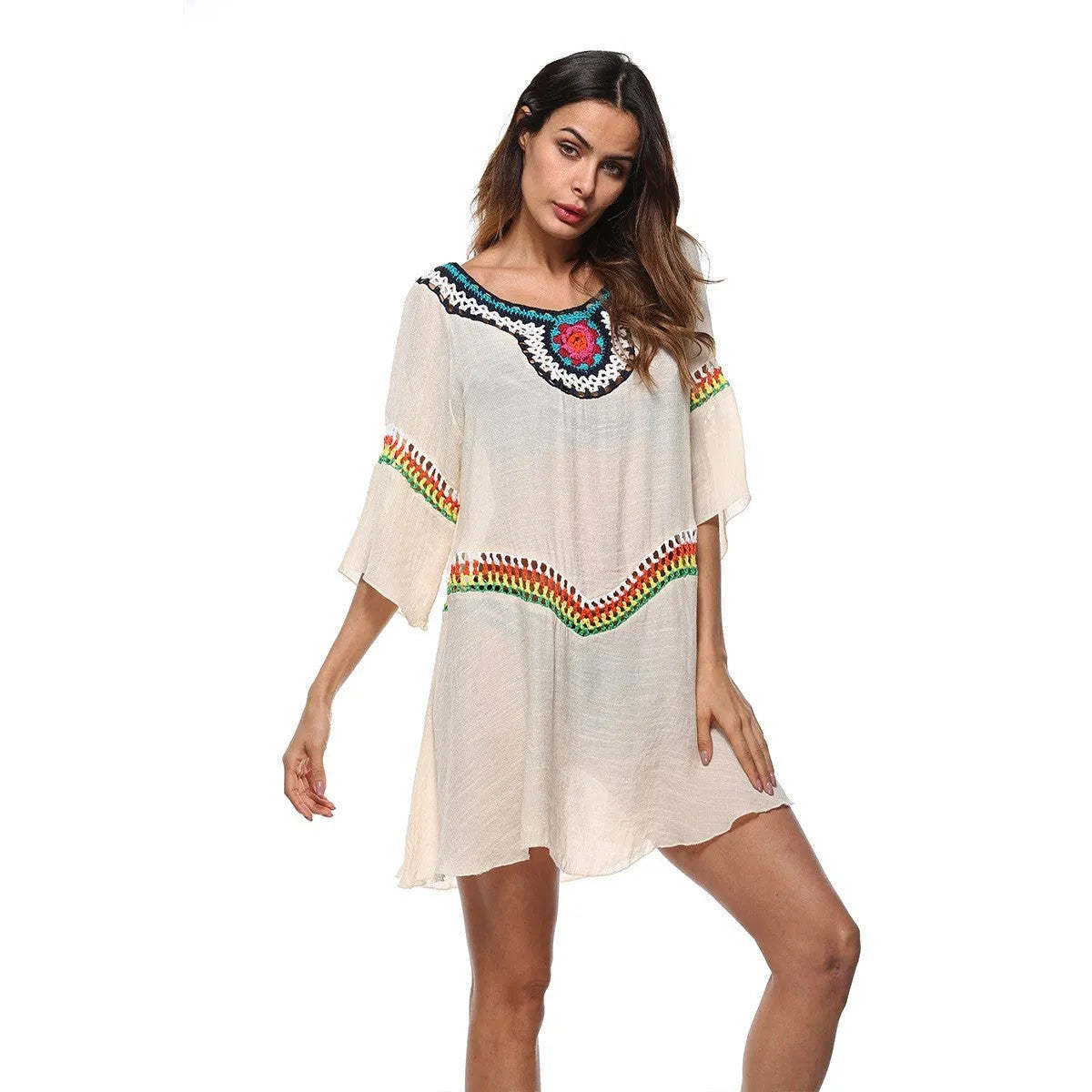 Crocheted ethnic style beach cover-up in polyester fabric for sun protection during swimming