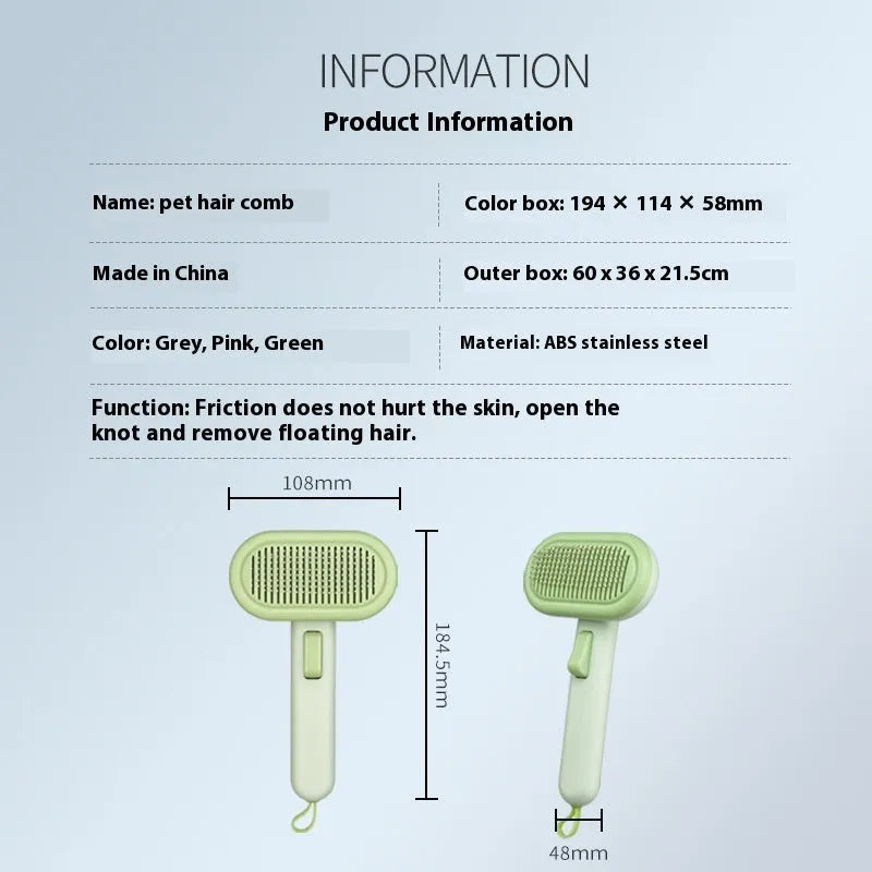 Large cat hair comb with stainless steel teeth and ABS plastic handle in light grey colour