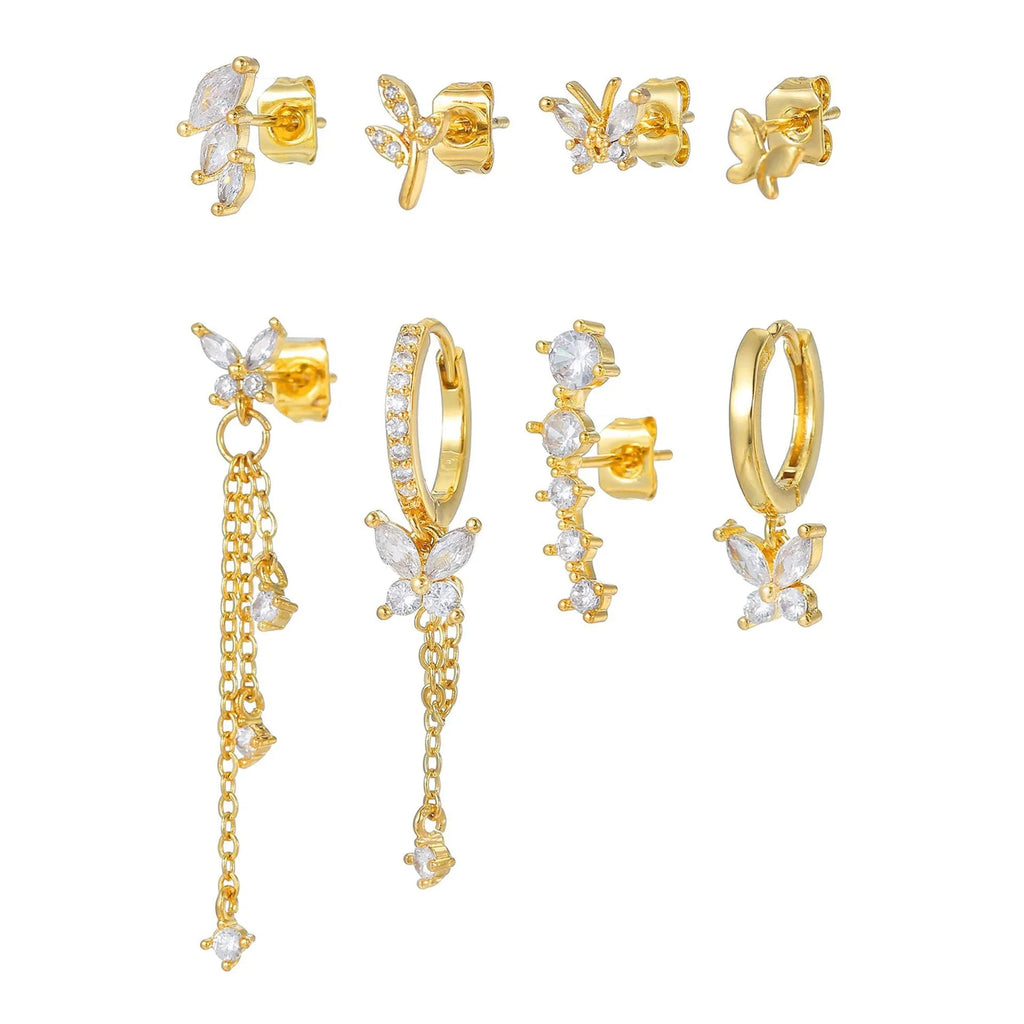 Gold and white copper inlaid zircon butterfly chain tassel ear bone stud eight-piece earring set for women