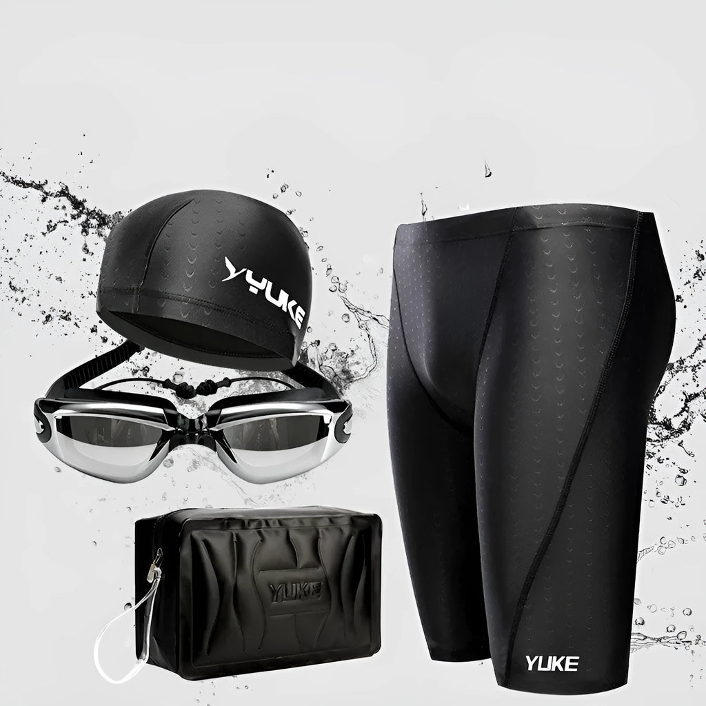 Men's black swimming set including briefs, anti-fog goggles, waterproof cap, ear plug nose clip, and carrying bag