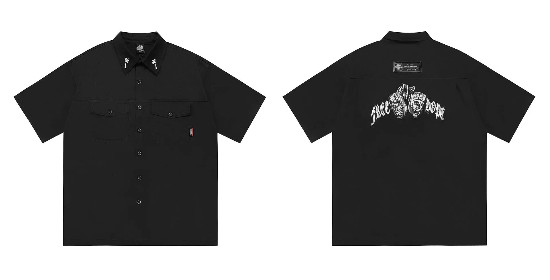 Men's black plus-size loose fit work shirt with a chest pocket and embroidered detail on the sleeve.