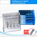 Four holes pencil sharpener with geometric plastic design and integrated screwdriver tool
