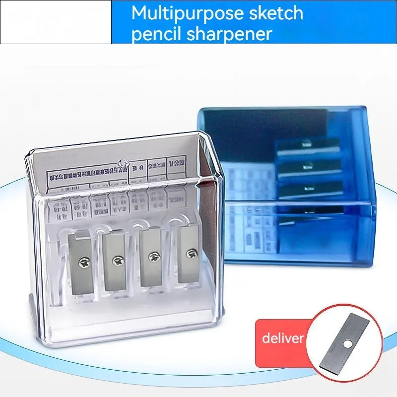 Four holes pencil sharpener with geometric plastic design and integrated screwdriver tool