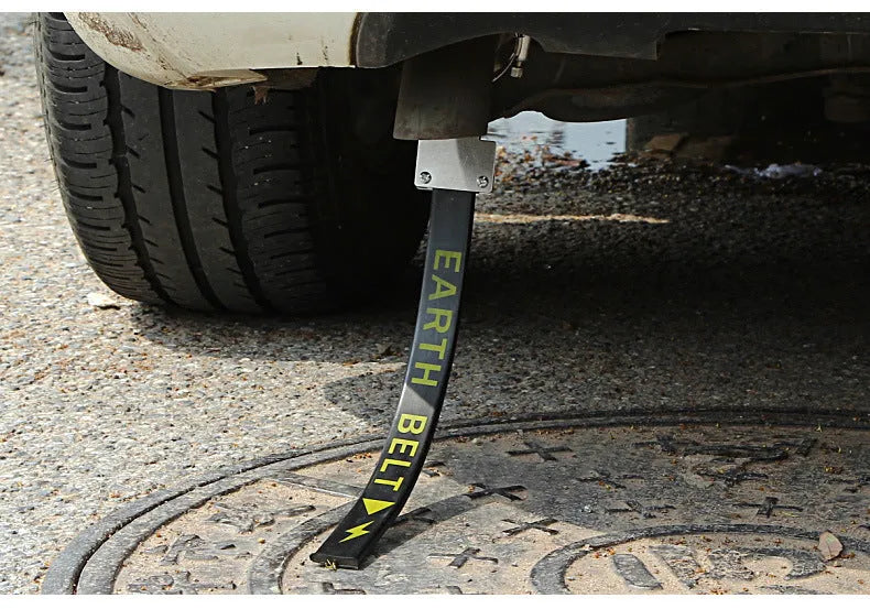 Black car electrostatic grounding belt with metal chain end, 370mm long, for saloon, SUV and van use.
