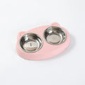 Blue plastic dual-bowl pet feeder tray for cat food and water on a white background.