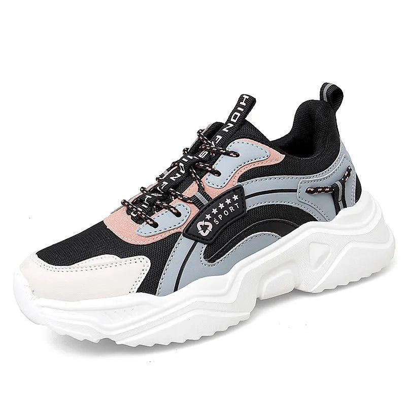 White women's casual mesh sports shoes with a buckle and round toe on a thick PU sole.