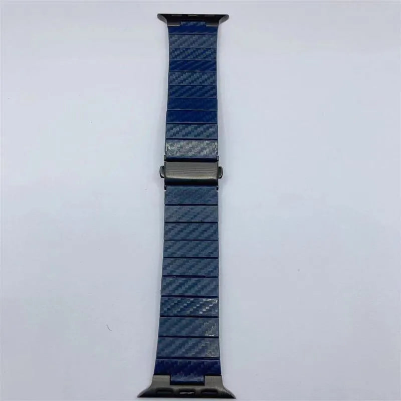 Black carbon fiber watch band for Apple Watch showing chain links and metal clasp on a white background