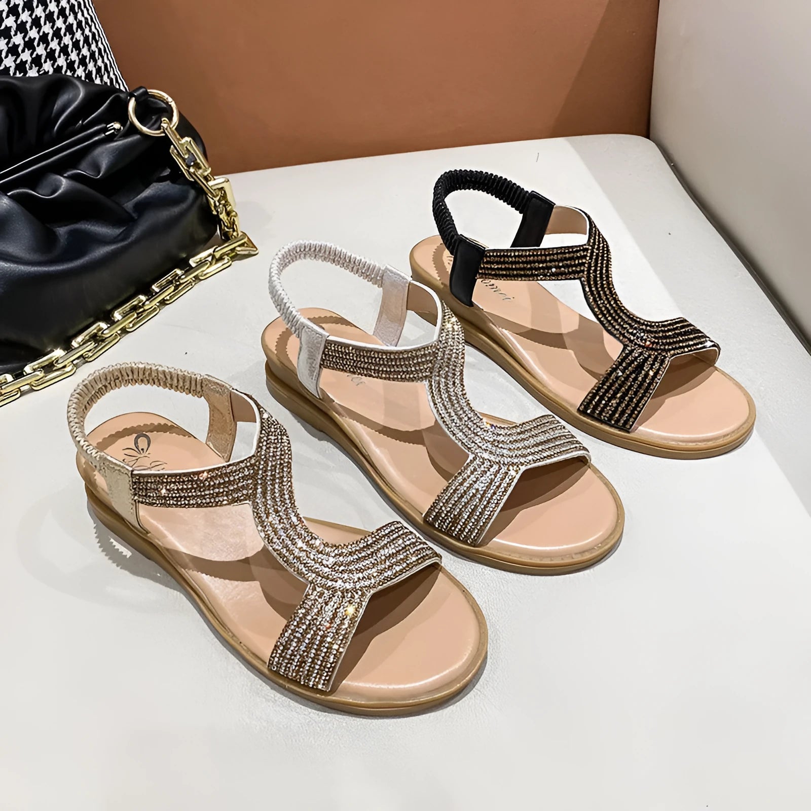 Women's patent leather beach sandals with rhinestone decoration in gold, silver, or black colours