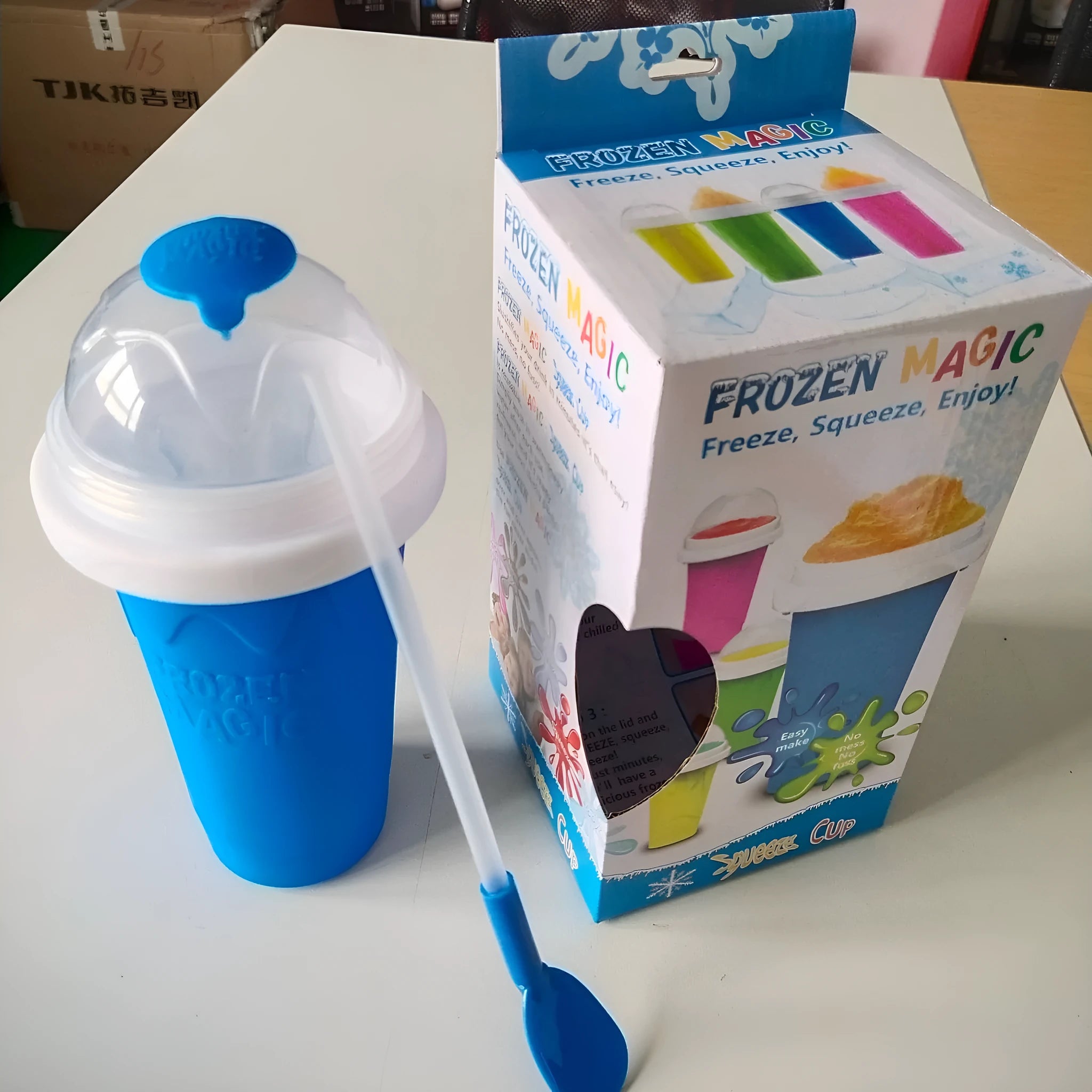 Blue quick refrigeration pinch cup with pinch activation for instant drink cooling