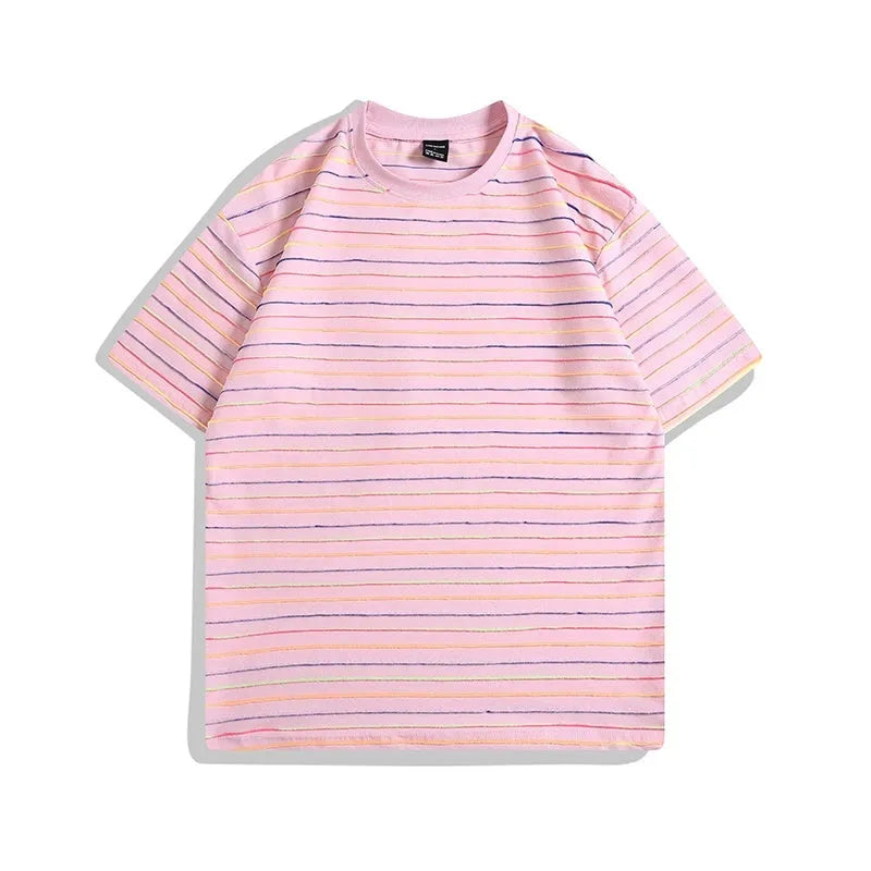 Loose fit striped half sleeve t-shirt in five colours with round neck collar