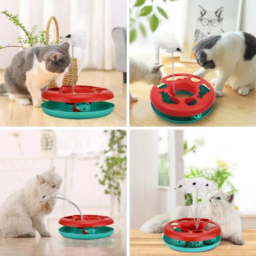Red cat toy roller track with exercise balls, catnip spring, and detachable mouse teaser on floor