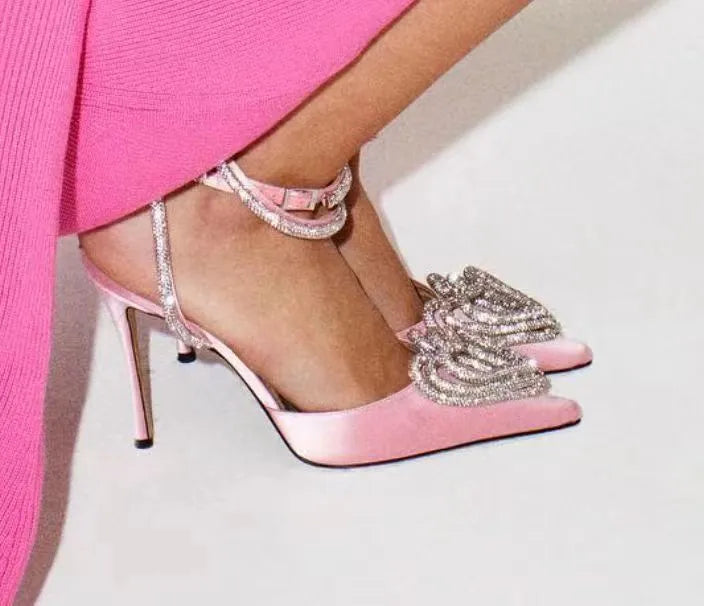 Women's pointed toe sandals with heart rhinestone on satin strap, rubber sole.