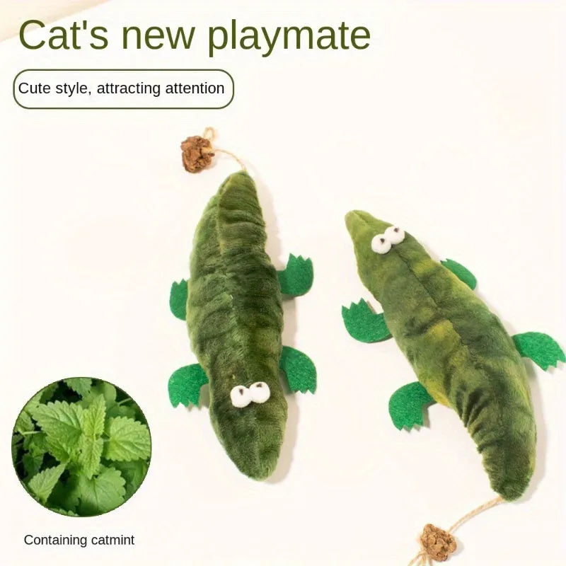 Green plush alligator catnip toy with plant-based filling for feline oral cleansing and stress relief