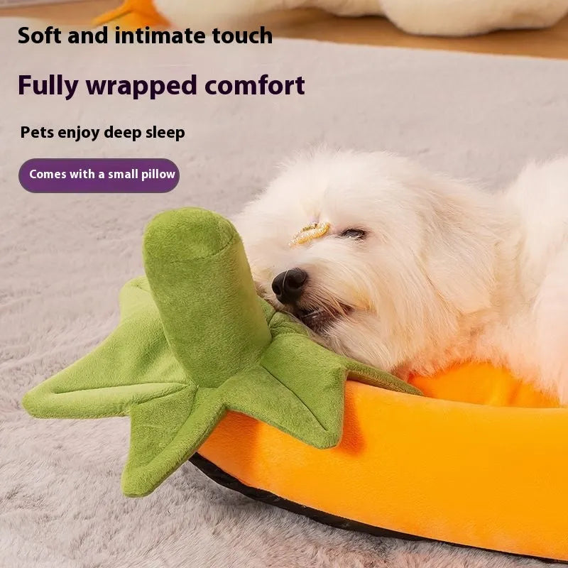 Removable cloth dog bed mat shown in purple, with S M L XL XXL size labels and weight recommendations.