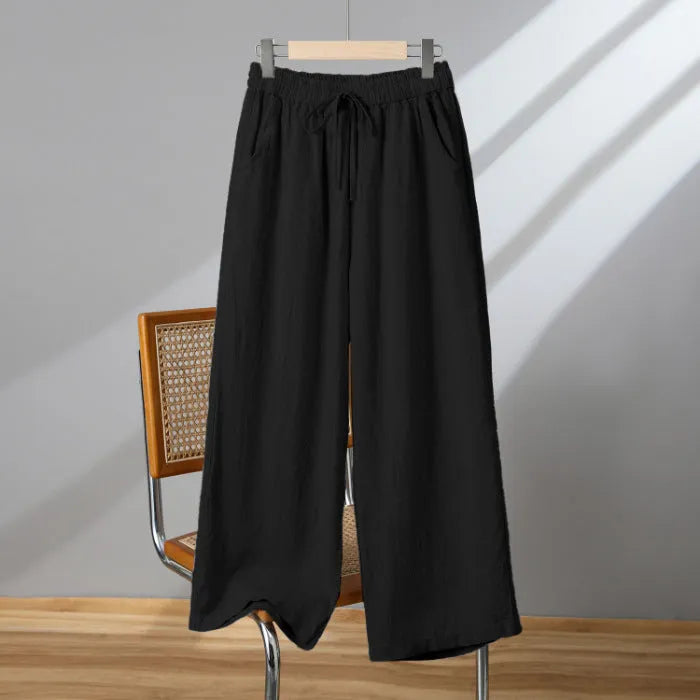 Women's straight-leg casual trousers with drawstring elastic waist in apricot, khaki, brown or black