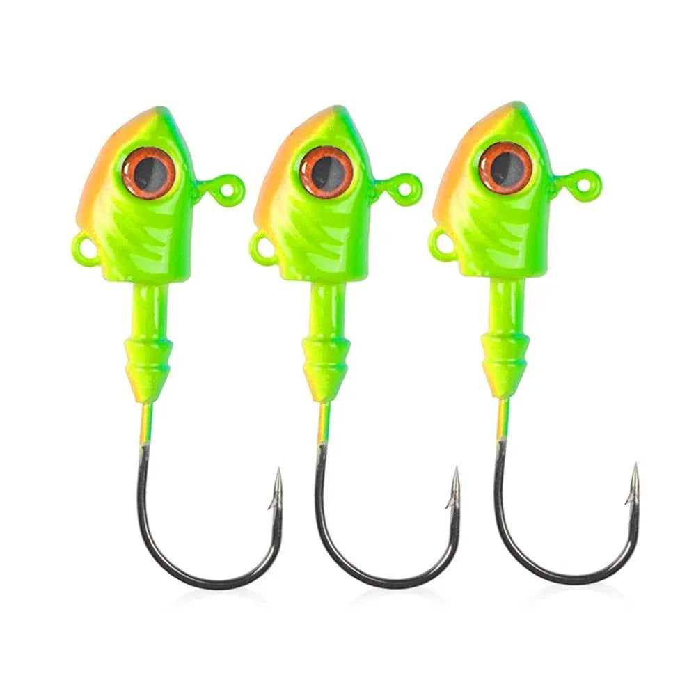 Yayu shaped lead head fishing hook in blue, silver, and yellow colours showing different weight sizes