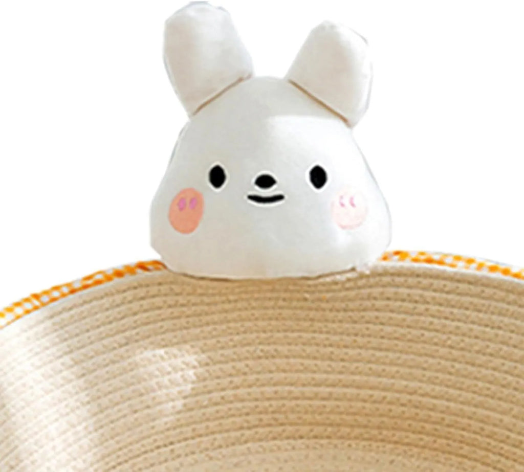 Cotton rope woven cat bed with scratching board rabbit motif for indoor cats