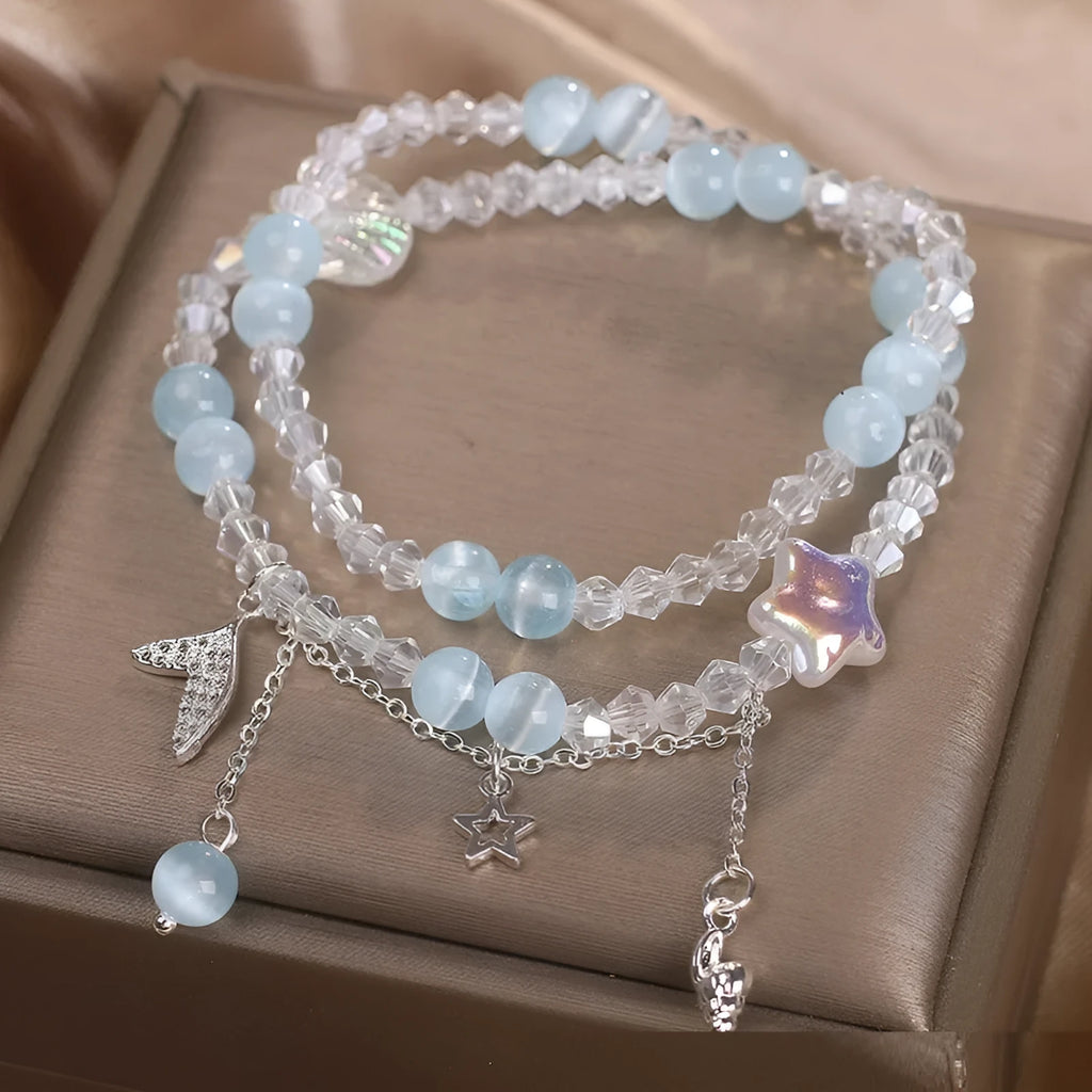 Double circle aquamarine bracelet for women, light blue gemstone in metal setting