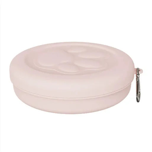 Collapsible silicone dog food bowl with separate snack box in green two-tone colour