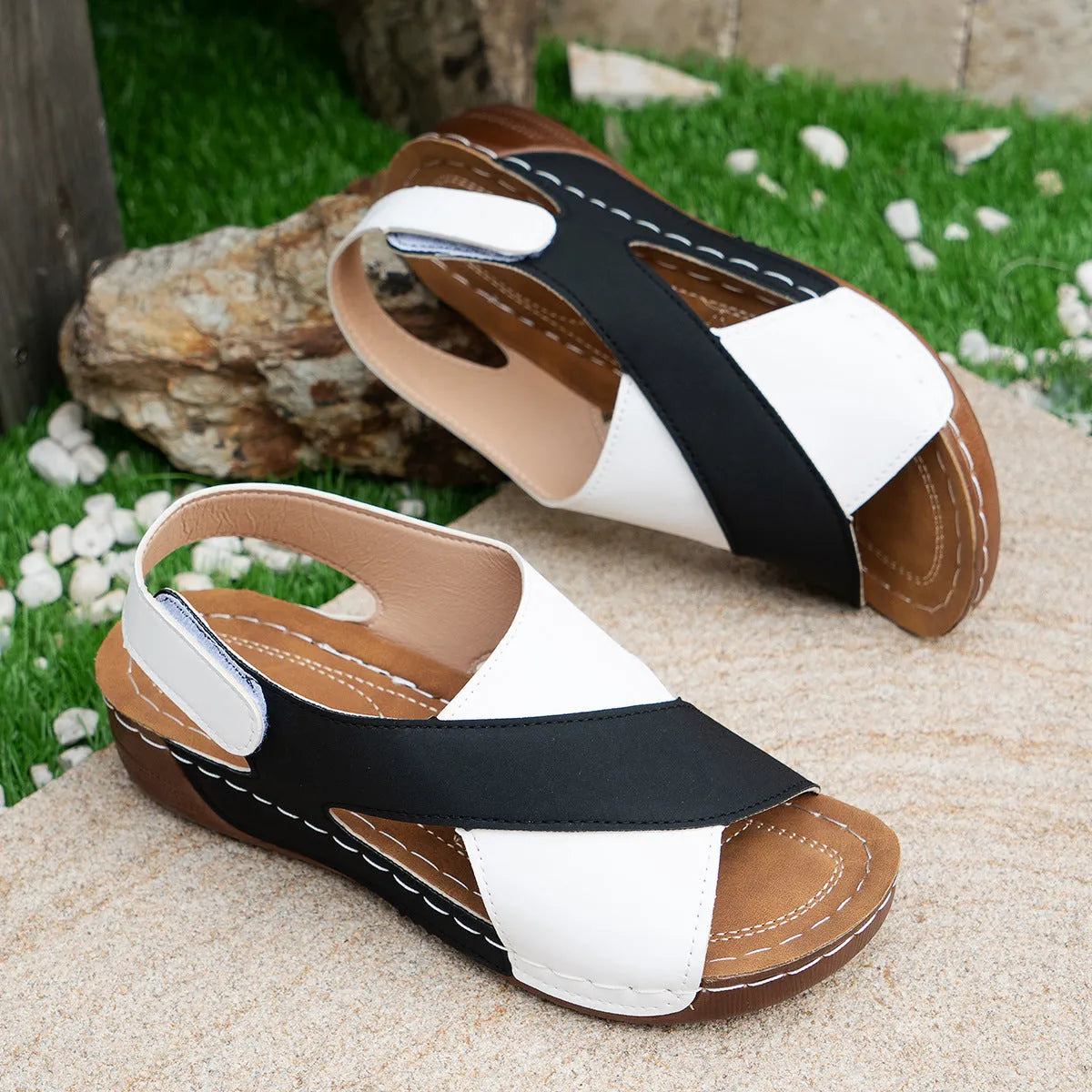 Women's summer colourblock cross-strap wedges sandals with Velcro fastening in round toe style