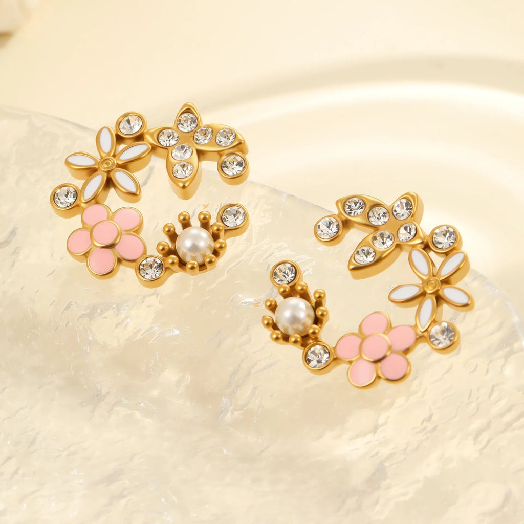 Colourful diamond flower stud earrings with stainless steel construction and gold electroplated finish