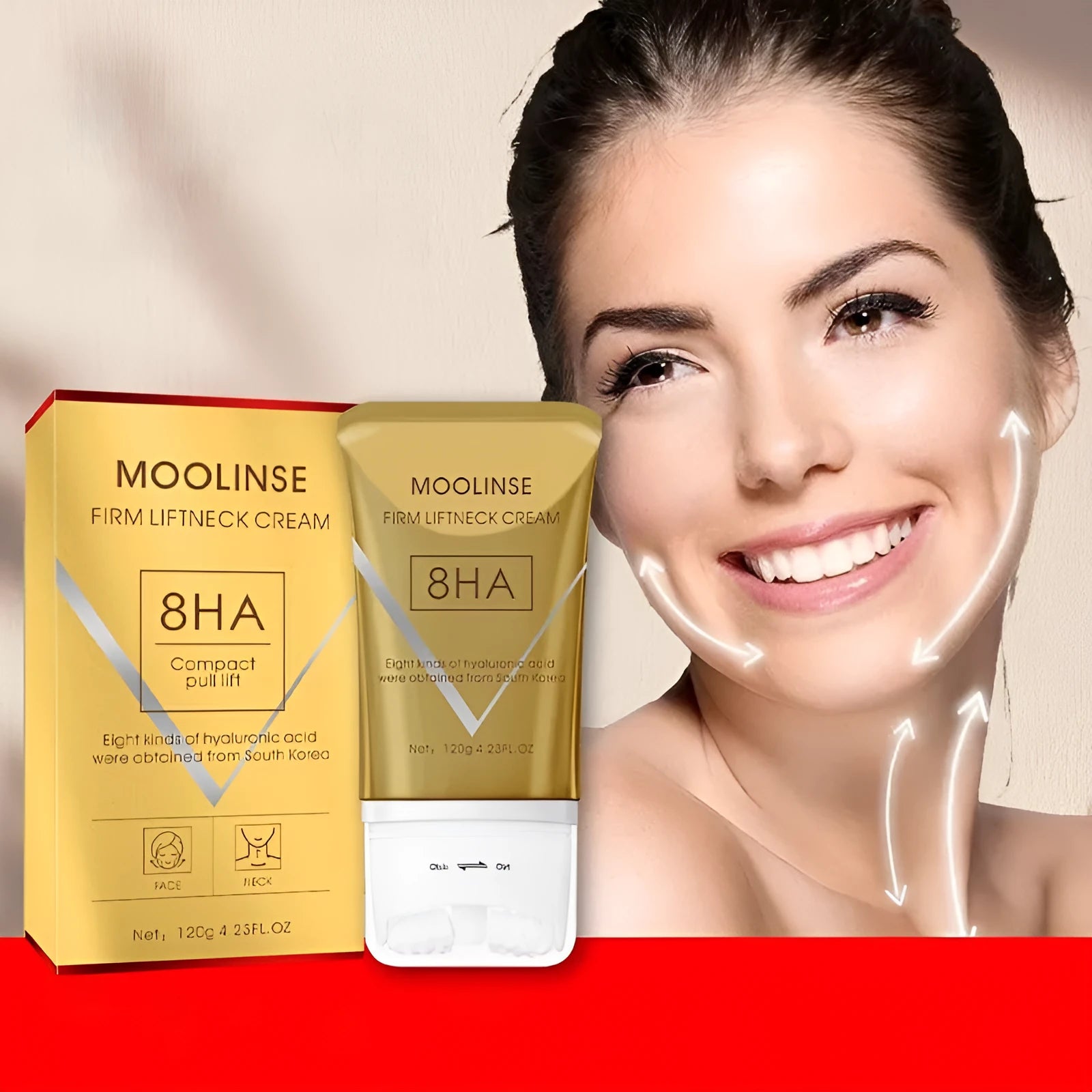 Neck moisturising cream with roller applicator for dry skin in medium sample size packaging