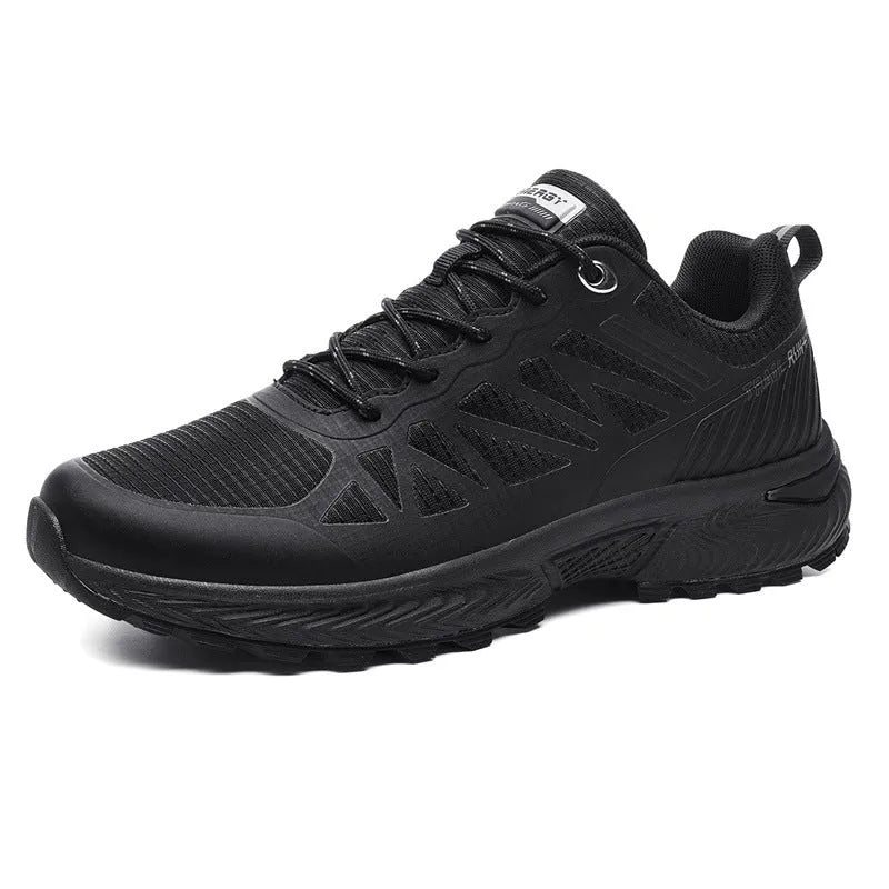 Men's black breathable mesh outdoor running shoes with round toe and lace-up closure