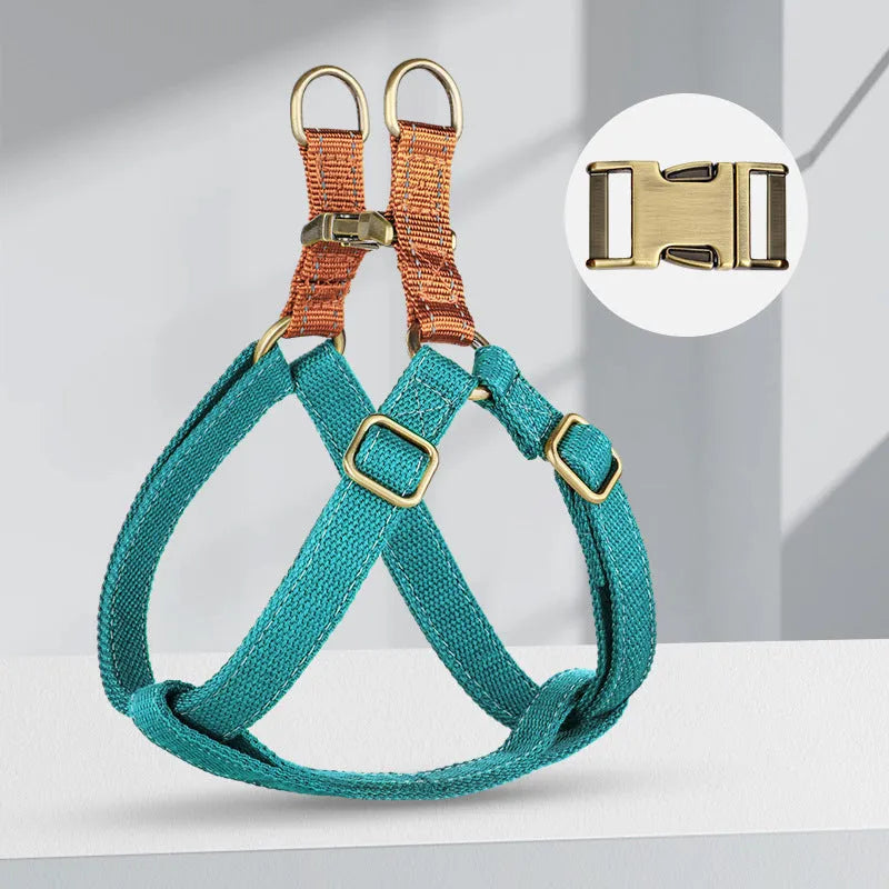 Brown vest-style anti-loss dog leash for a small dog, showing cotton belt and alloy fastener.