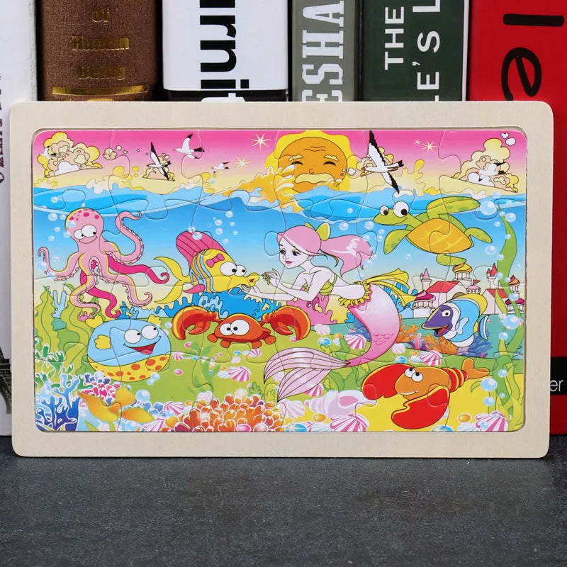 80-piece wooden animal puzzle set in iron box, designed for children aged 3 and over, featuring bear and riding themes