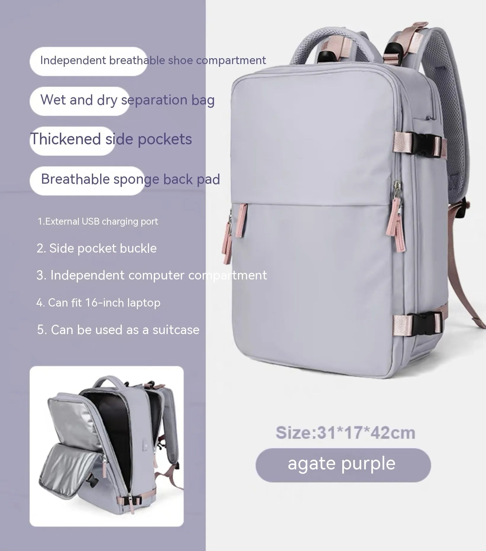 Large waterproof mummy-style backpack in nylon, shown in a selection of colours including black, mint green, and pink.