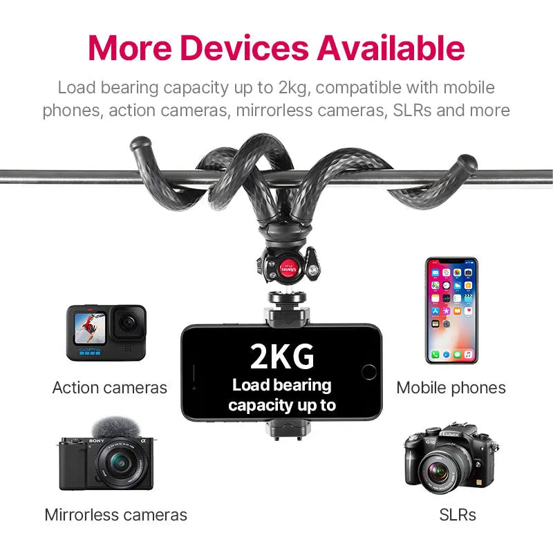 Black FT-01 aluminium alloy mobile phone tripod set with clip, extended to 360mm.