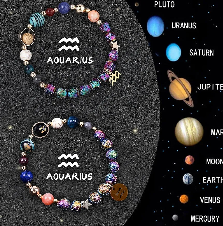 Two natural stone beaded bracelets showing different zodiac sign charms on an adjustable cord.