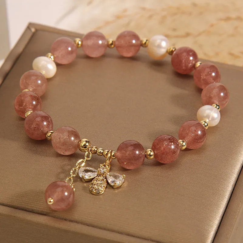 Women's strawberry quartz freshwater pearl bracelet with alloy beads and zircon accents