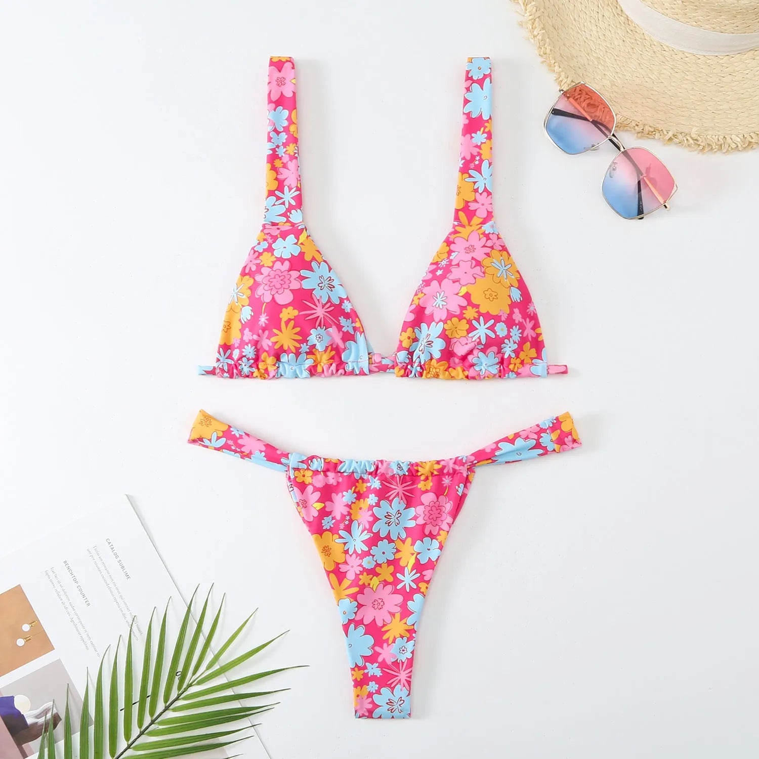 Women's floral print bikini swimsuit in blue colour with bra and panties set