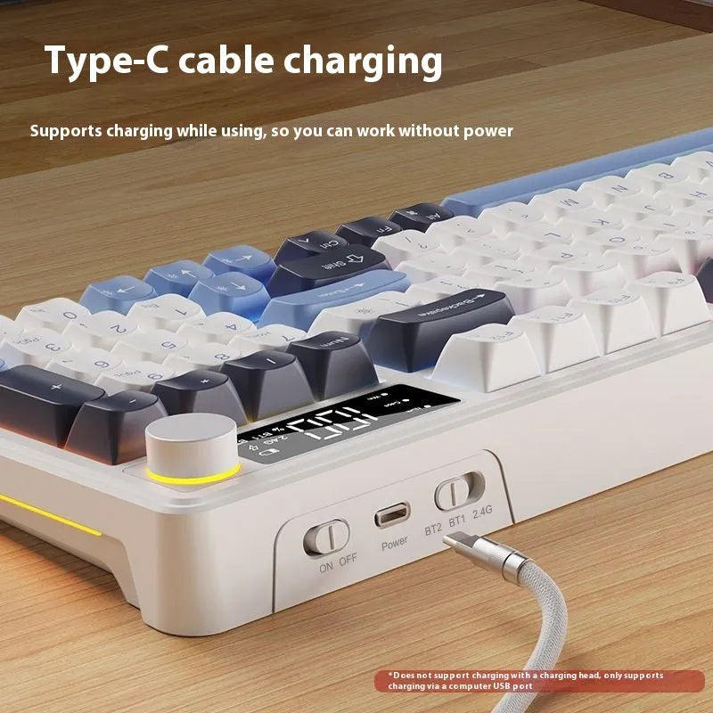 Wireless Bluetooth keyboard and mouse combo with mechanical-style keys in blue and white colour scheme