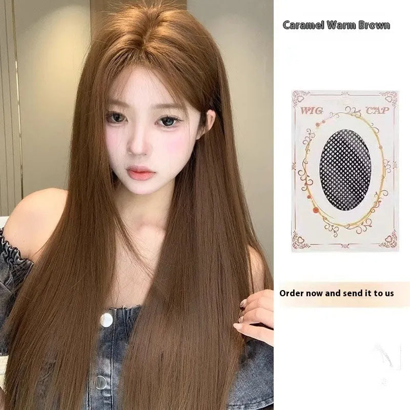 Warm brown lace front wig with centre-parted bangs and long straight hairstyle