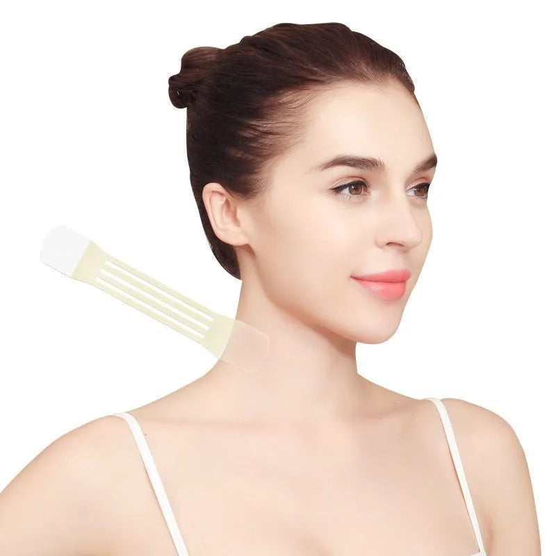 V27 neck pattern sling firming tape set with skin-tone adhesive patches on card