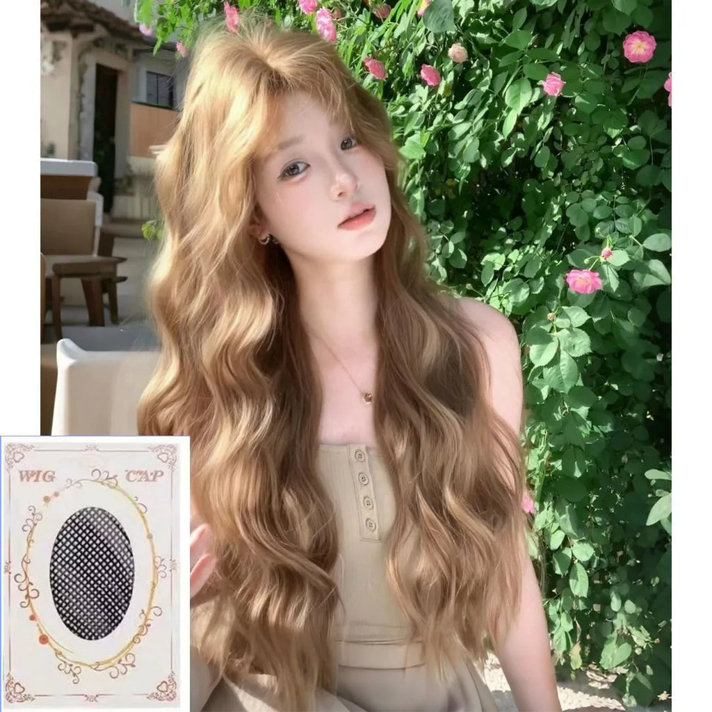 Linen brown medium length curly synthetic wig with hair net