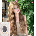 Linen brown medium length curly synthetic wig with hair net