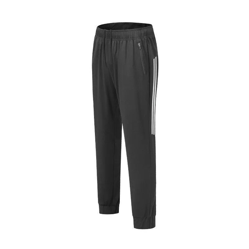 Men's black running trousers with mid-waist design and full-length cut for exercise activities