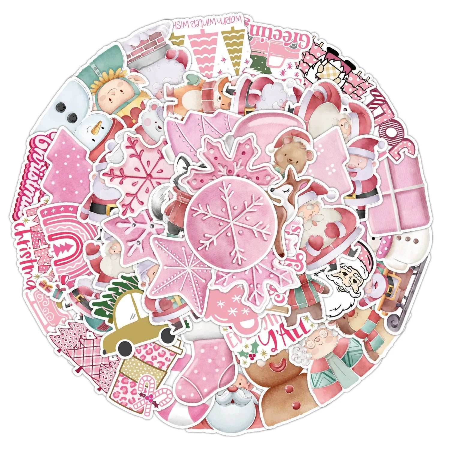 50 waterproof Christmas stickers in various cute designs ranging from 4cm to 8cm sizes