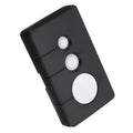 Black three-button garage door remote control on a white background.