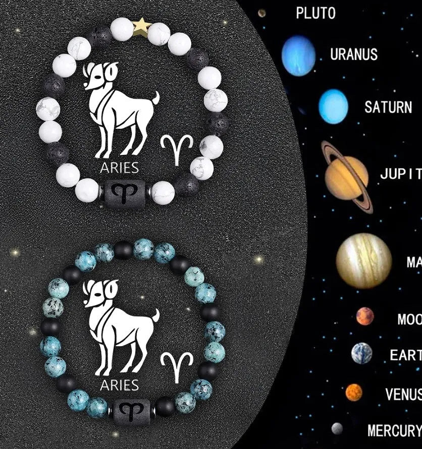 Natural stone beaded zodiac bracelets showing twelve different birth sign designs on elastic cords