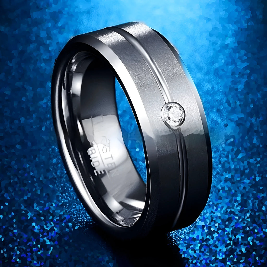 Men's tungsten steel ring with inlaid groove zircon, steel colour finish, U-shaped band on grey background