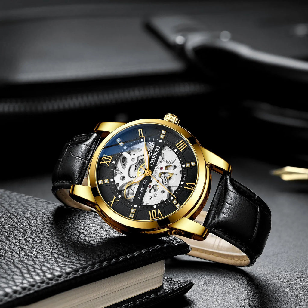 Hollow automatic mechanical watch with belt and black or gold shell, 13mm thickness, men's business style