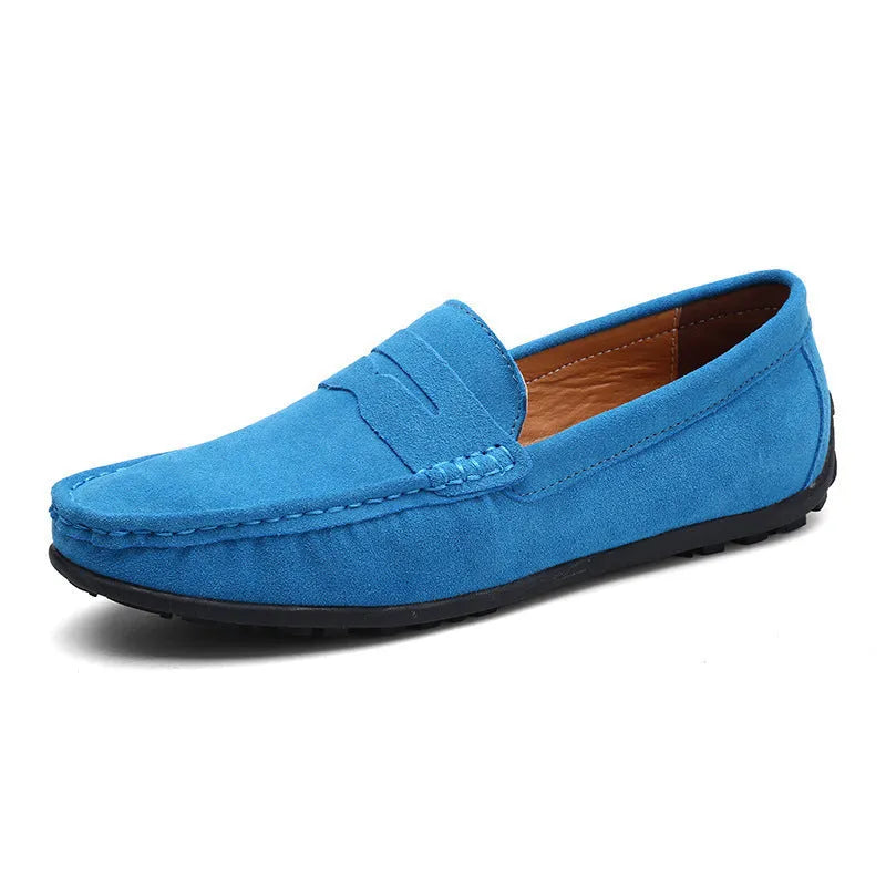 Men's brown suede casual slip-on loafers with a round toe and flat rubber sole