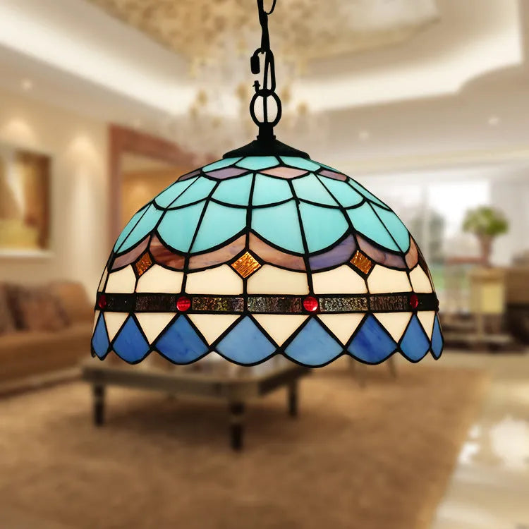 European Baroque retro chandelier in coloured glaze with abstract design and hanging ornaments