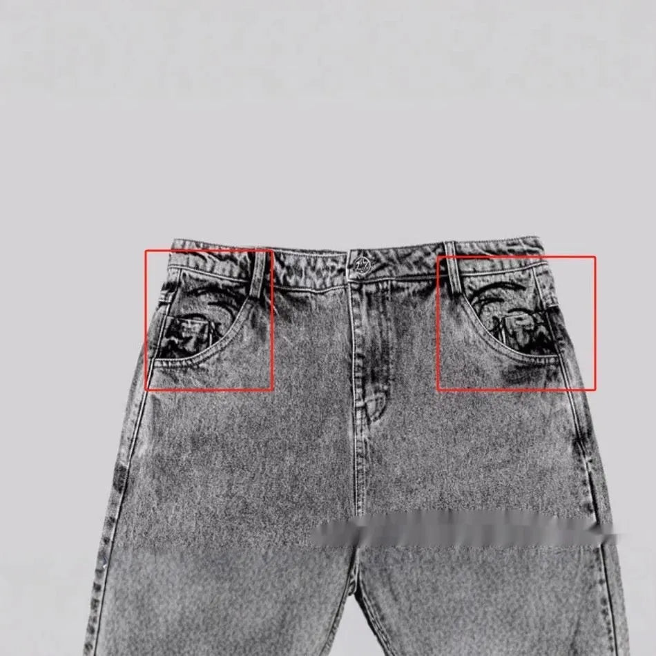 Grey loose straight-leg denim trousers for men and women with cotton fabric and mid waist