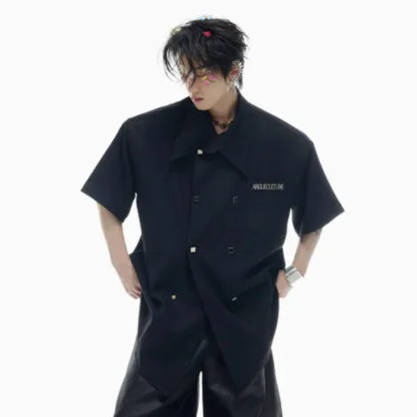 Men's loose fit casual short-sleeved summer shirt with splicing details and metal buttons