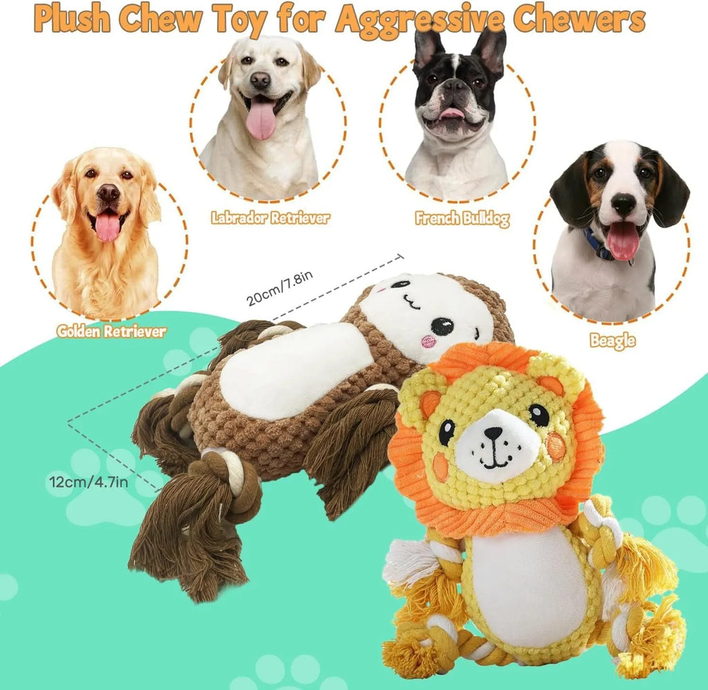 Plush squeaky dog toys assortment with lion and monkey designs for medium large dogs